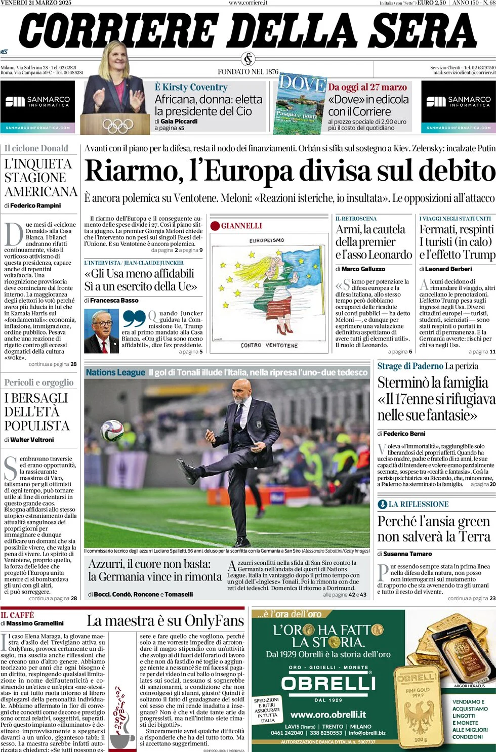 anteprima della prima pagina di corriere-della-sera del 21/03/2025