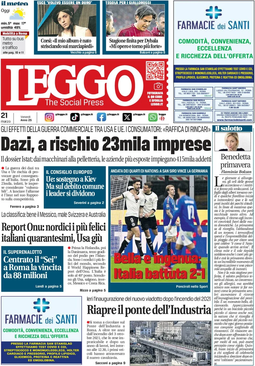 anteprima della prima pagina di leggo-roma del 21/03/2025