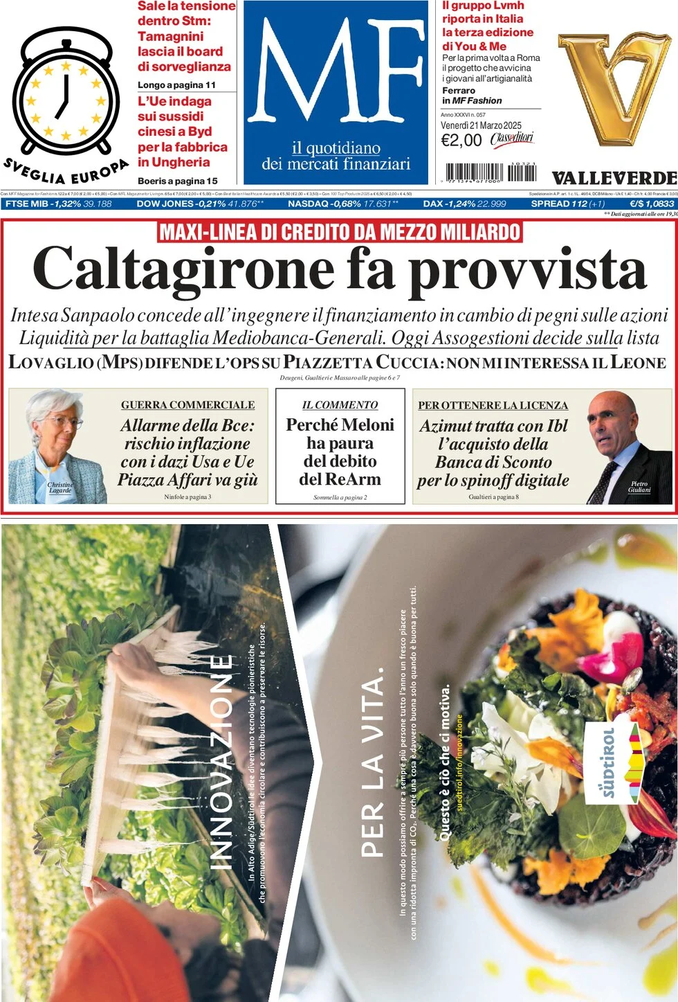 anteprima della prima pagina di mf-milano-finanza del 21/03/2025
