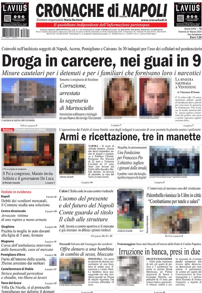 anteprima della prima pagina di cronache-di-napoli del 21/03/2025