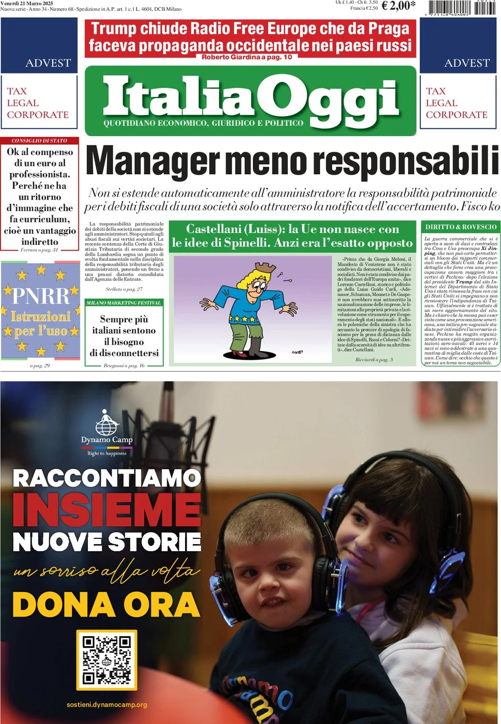 anteprima della prima pagina di italiaoggi del 21/03/2025