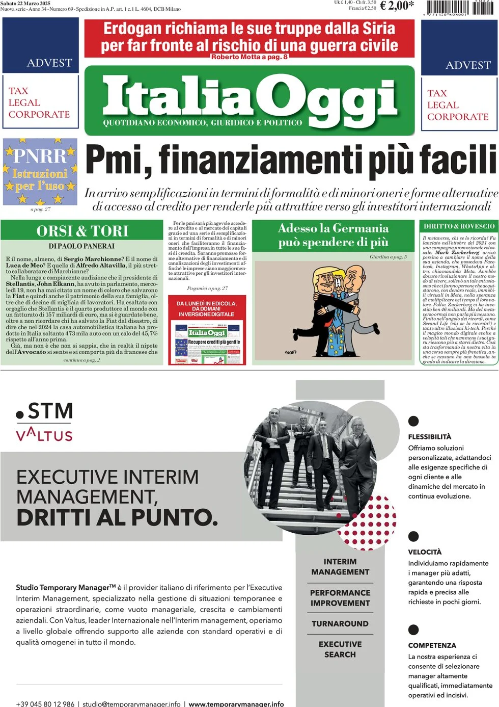 anteprima della prima pagina di italiaoggi del 22/03/2025