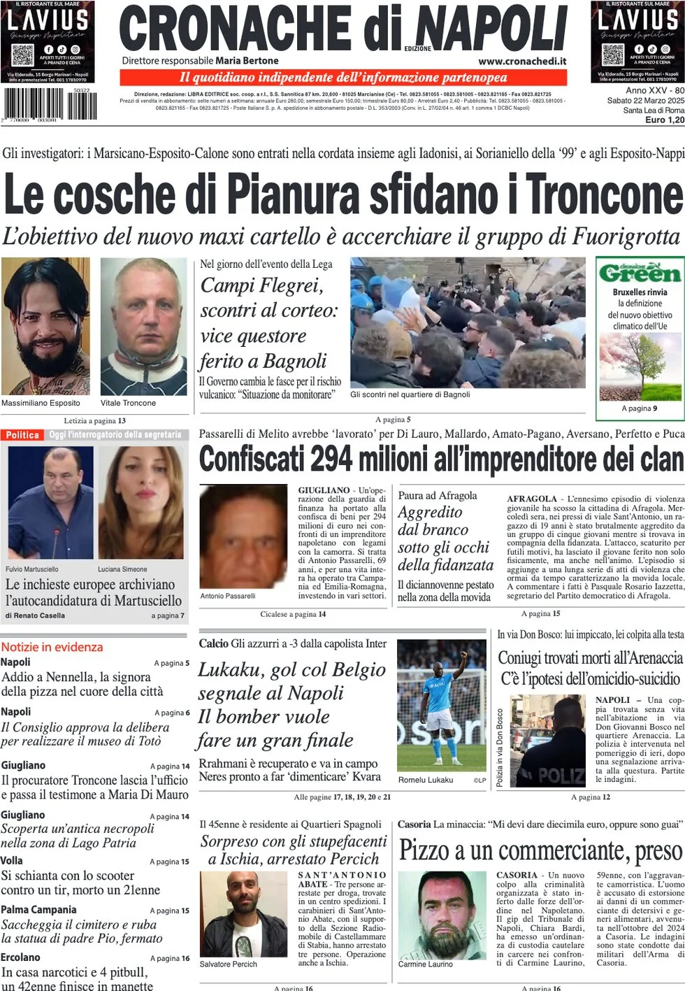 anteprima della prima pagina di cronache-di-napoli del 22/03/2025