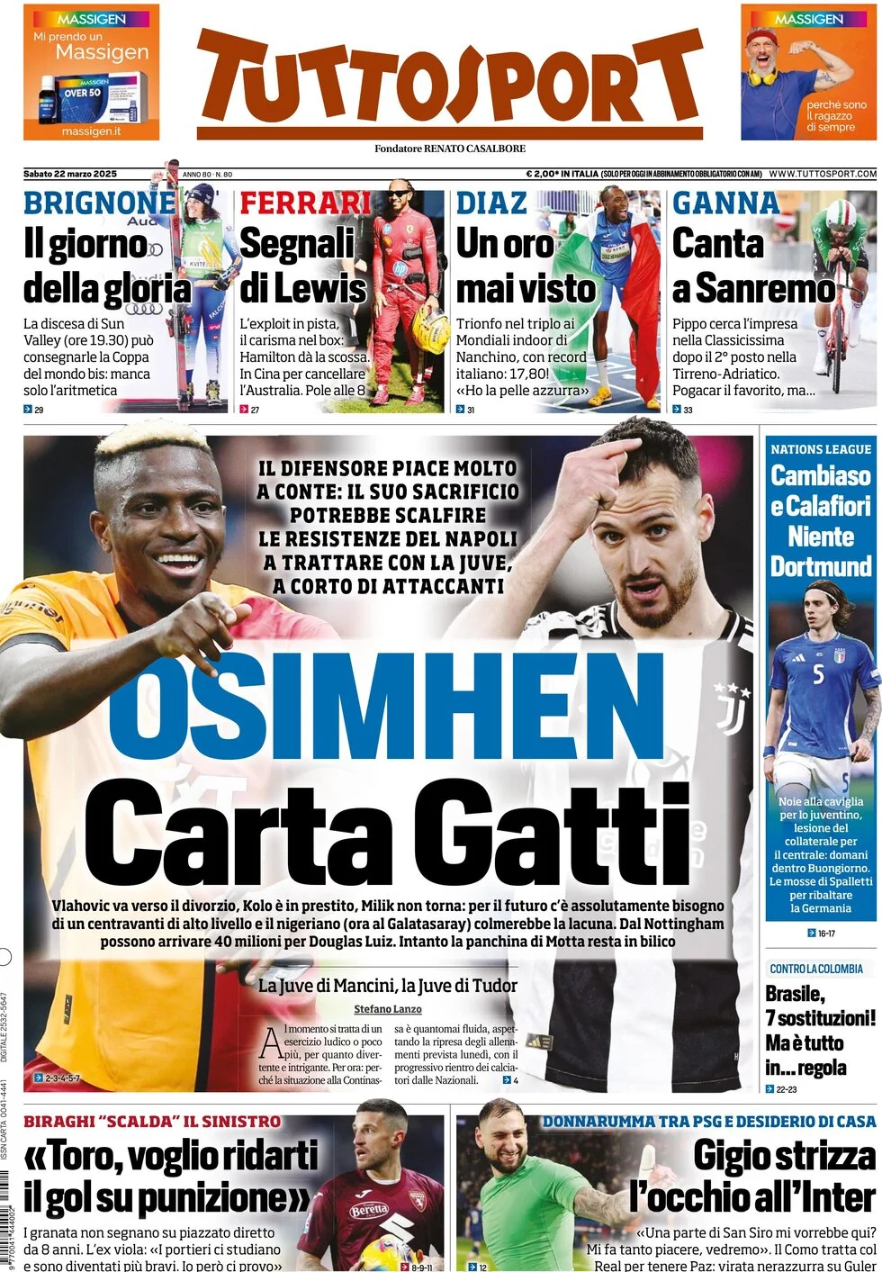 anteprima della prima pagina di tuttosport del 22/03/2025