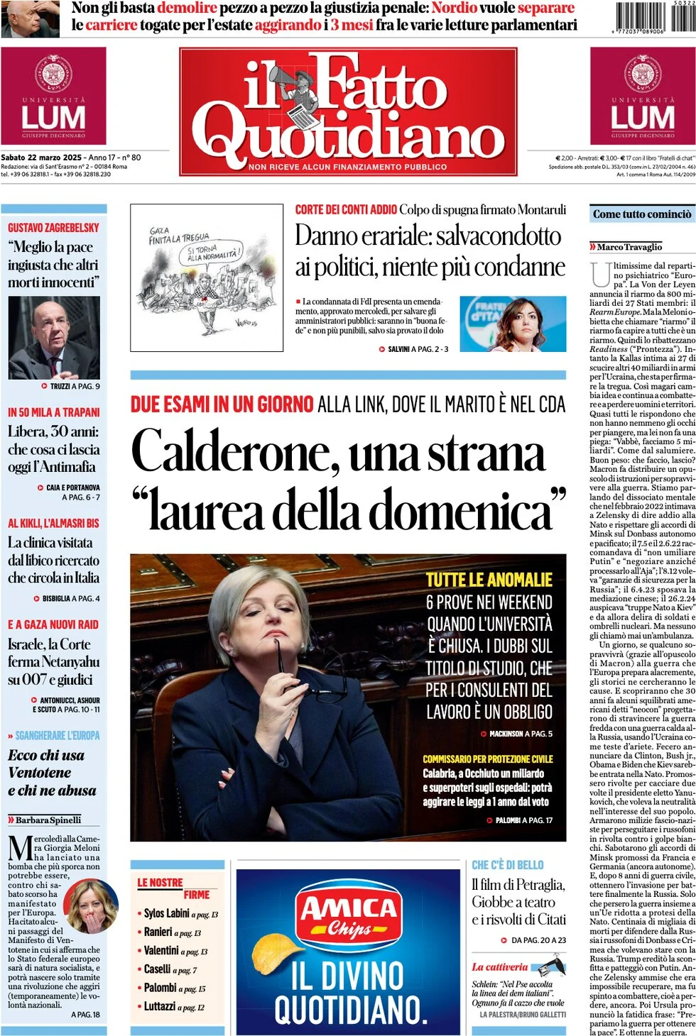 anteprima della prima pagina di il-fatto-quotidiano del 22/03/2025