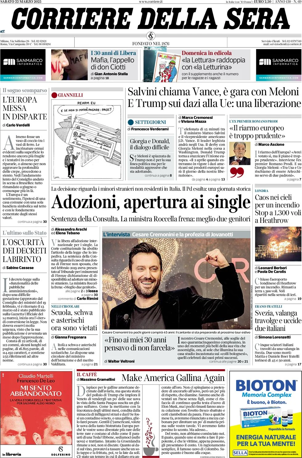 anteprima della prima pagina di corriere-della-sera del 22/03/2025