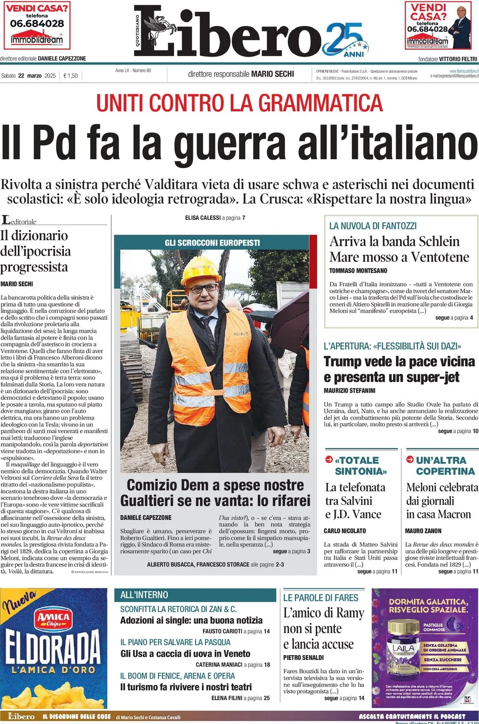 anteprima della prima pagina di libero-quotidiano del 22/03/2025