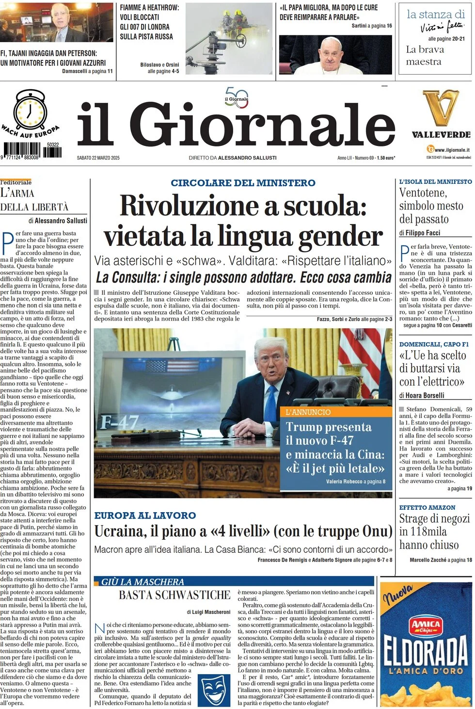 anteprima della prima pagina di il-giornale del 22/03/2025