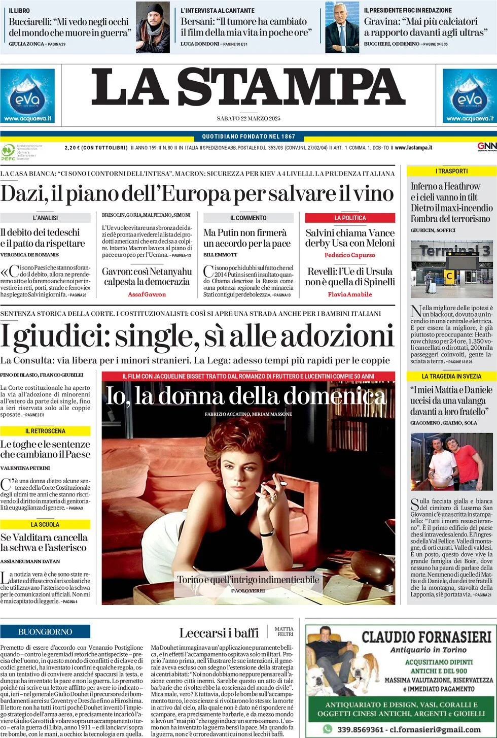 anteprima della prima pagina di la-stampa del 22/03/2025