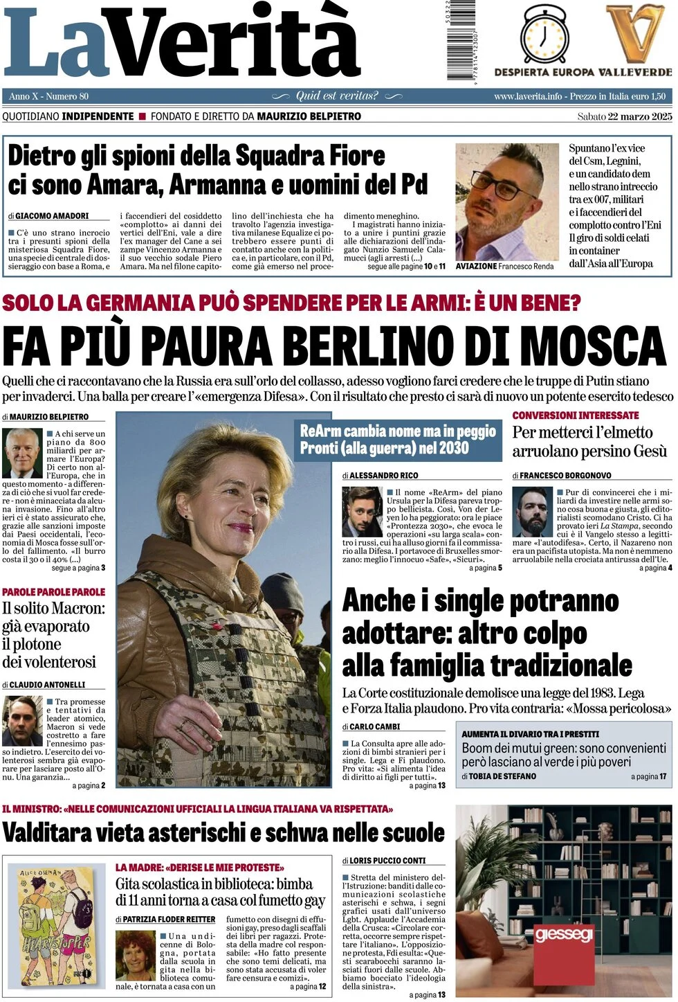 anteprima della prima pagina di la-verit del 22/03/2025