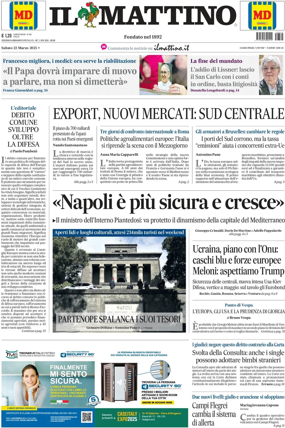 anteprima della prima pagina di il-mattino del 22/03/2025