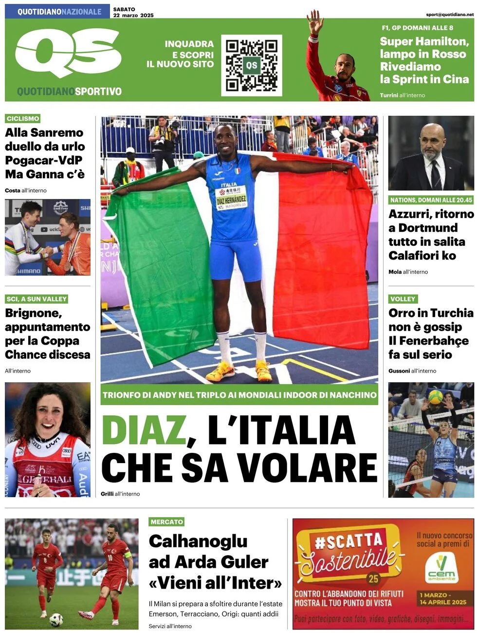 anteprima della prima pagina di qs-quotidiano-sportivo del 22/03/2025