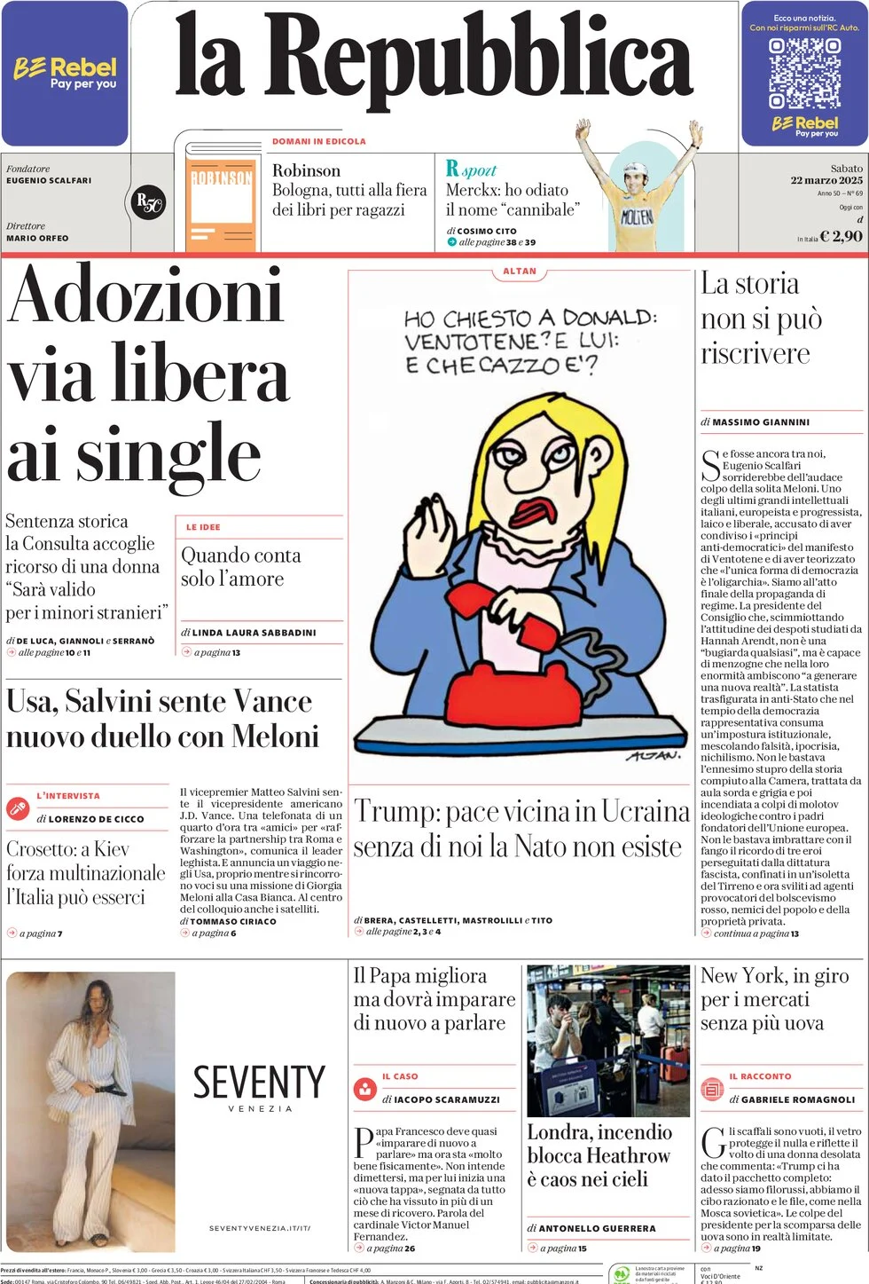 anteprima della prima pagina di la-repubblica del 22/03/2025