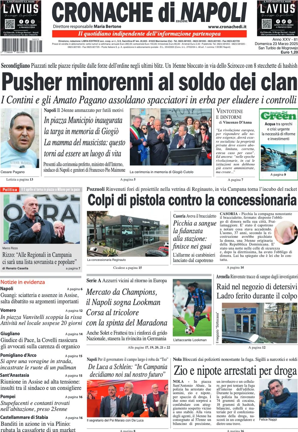 anteprima della prima pagina di cronache-di-napoli del 23/03/2025