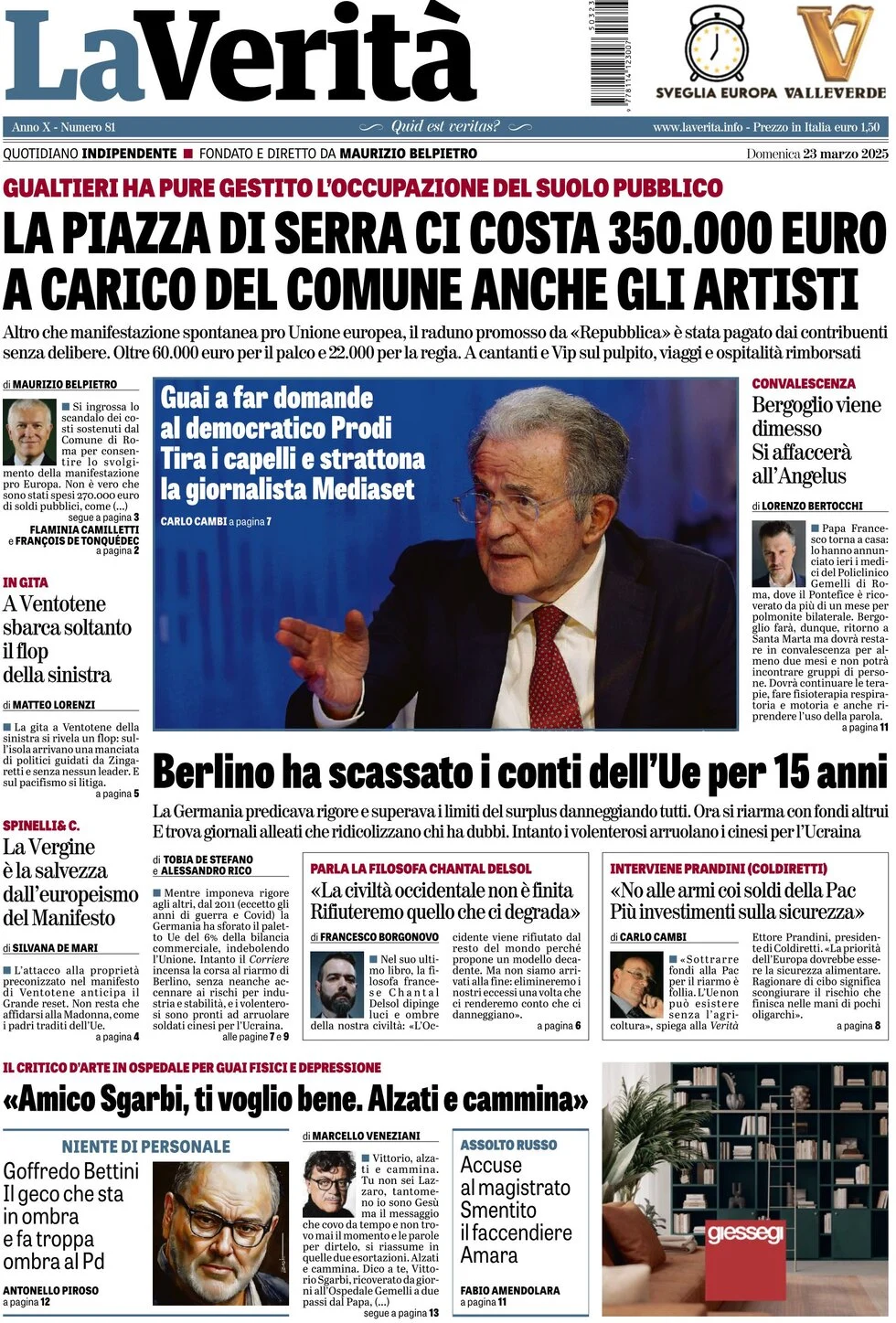 anteprima della prima pagina di la-verit del 23/03/2025
