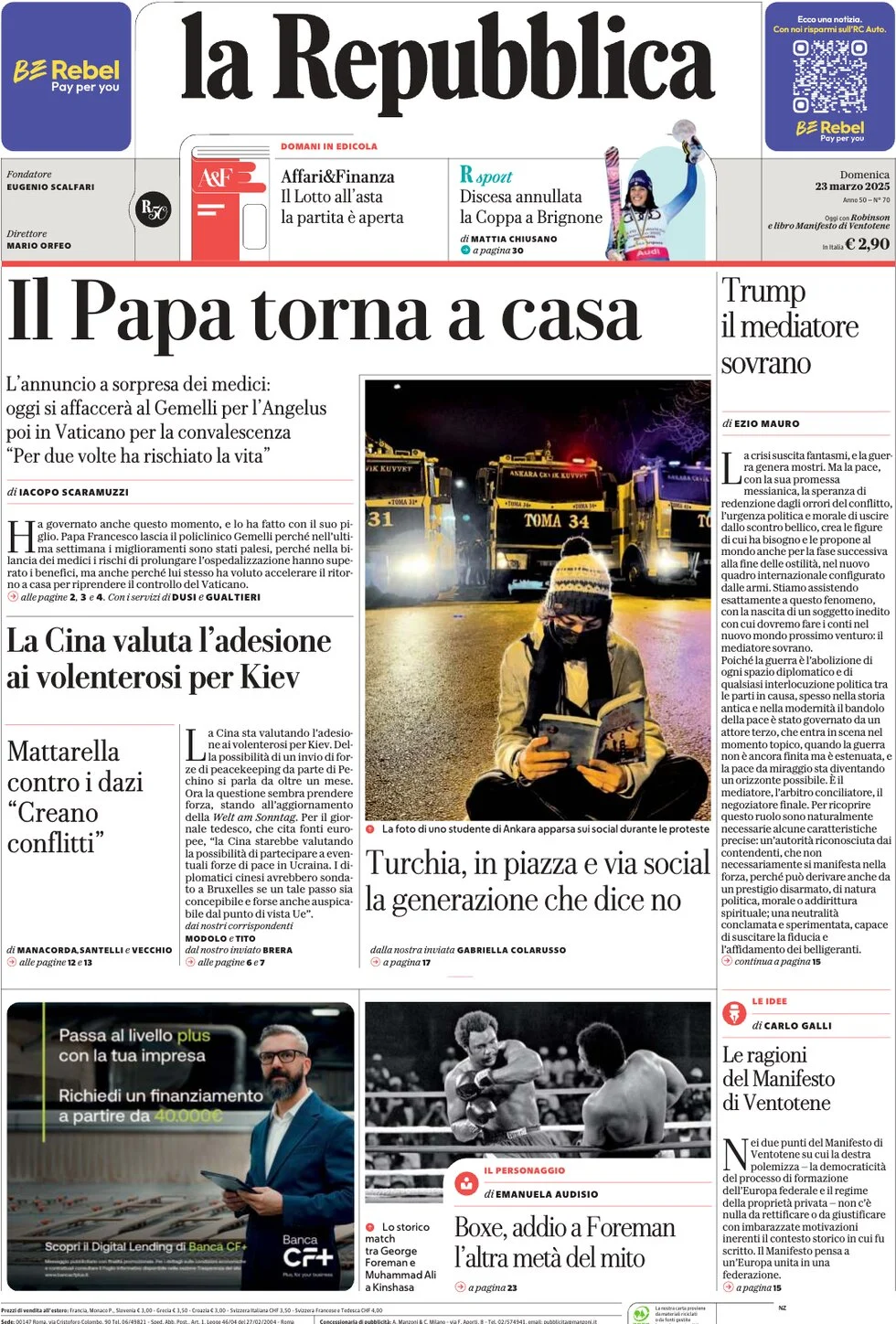anteprima della prima pagina di la-repubblica del 23/03/2025