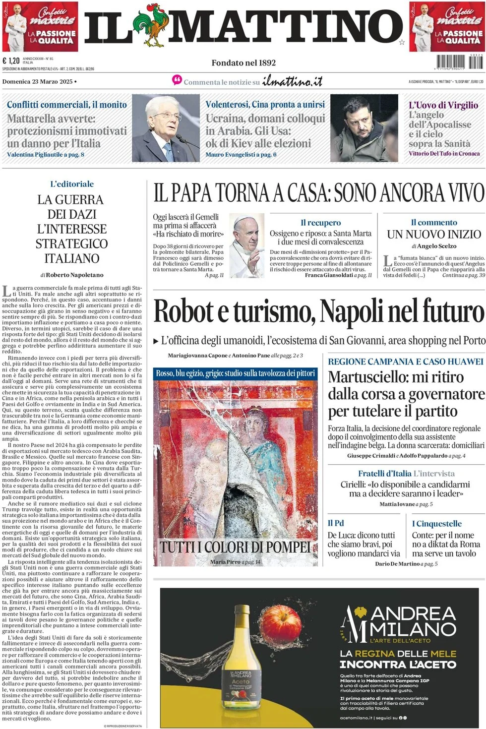 anteprima della prima pagina di il-mattino del 23/03/2025