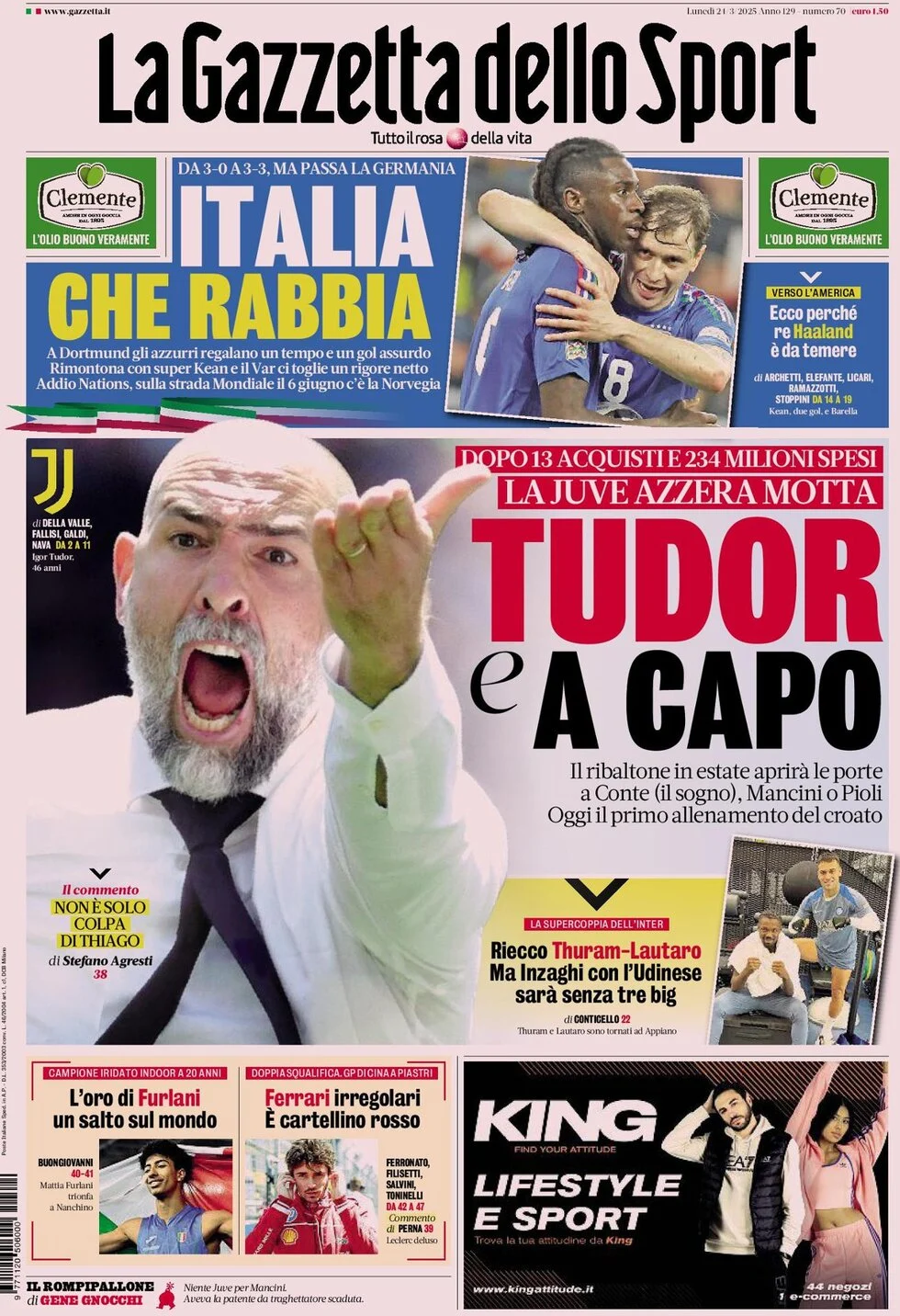 anteprima della prima pagina di la-gazzetta-dello-sport del 24/03/2025