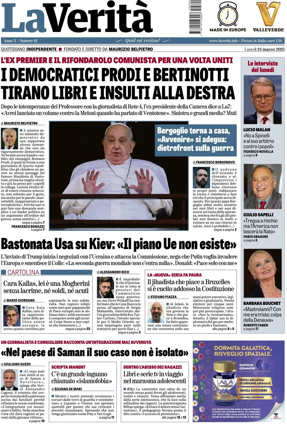 anteprima della prima pagina di la-verit del 24/03/2025