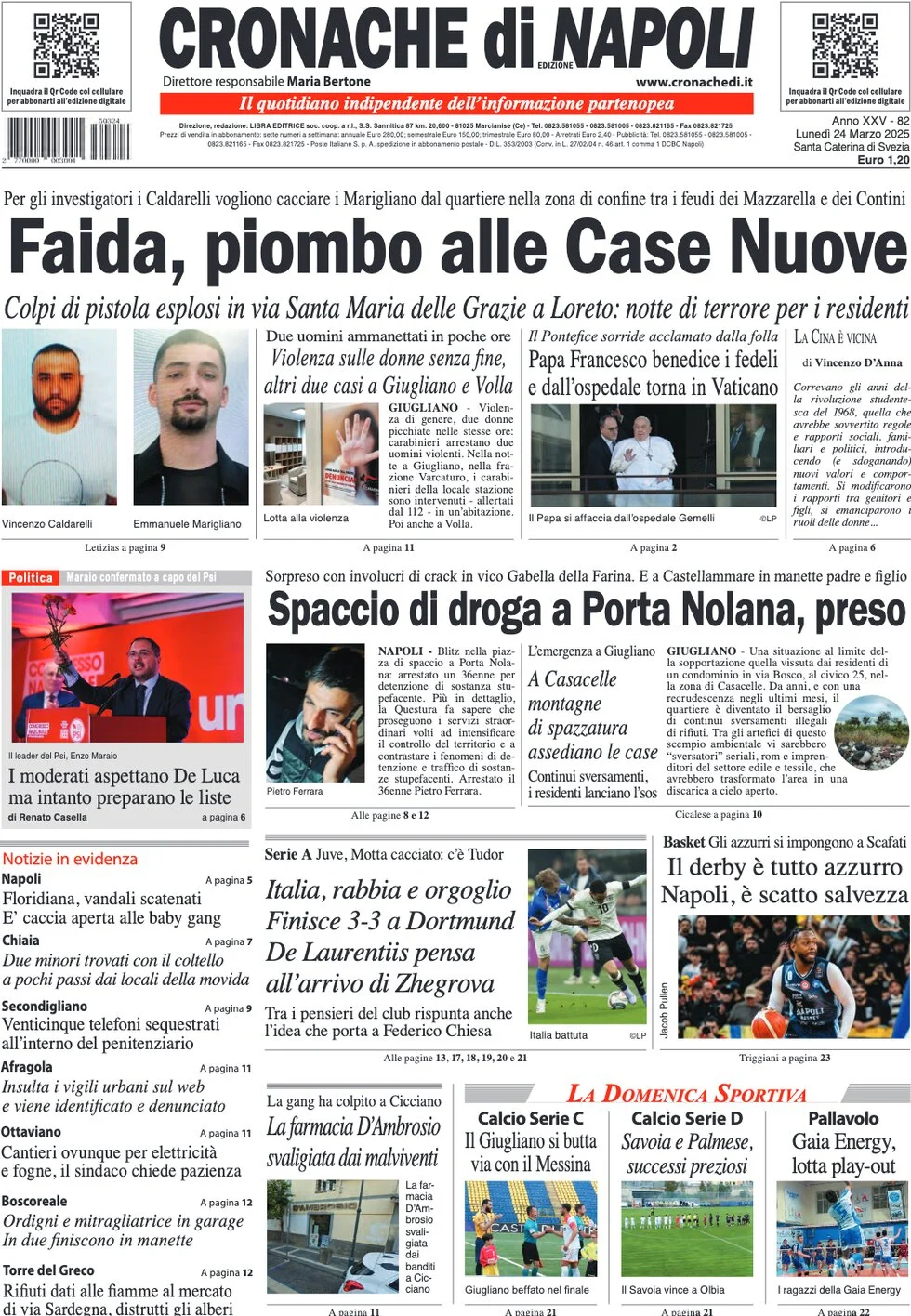 anteprima della prima pagina di cronache-di-napoli del 24/03/2025