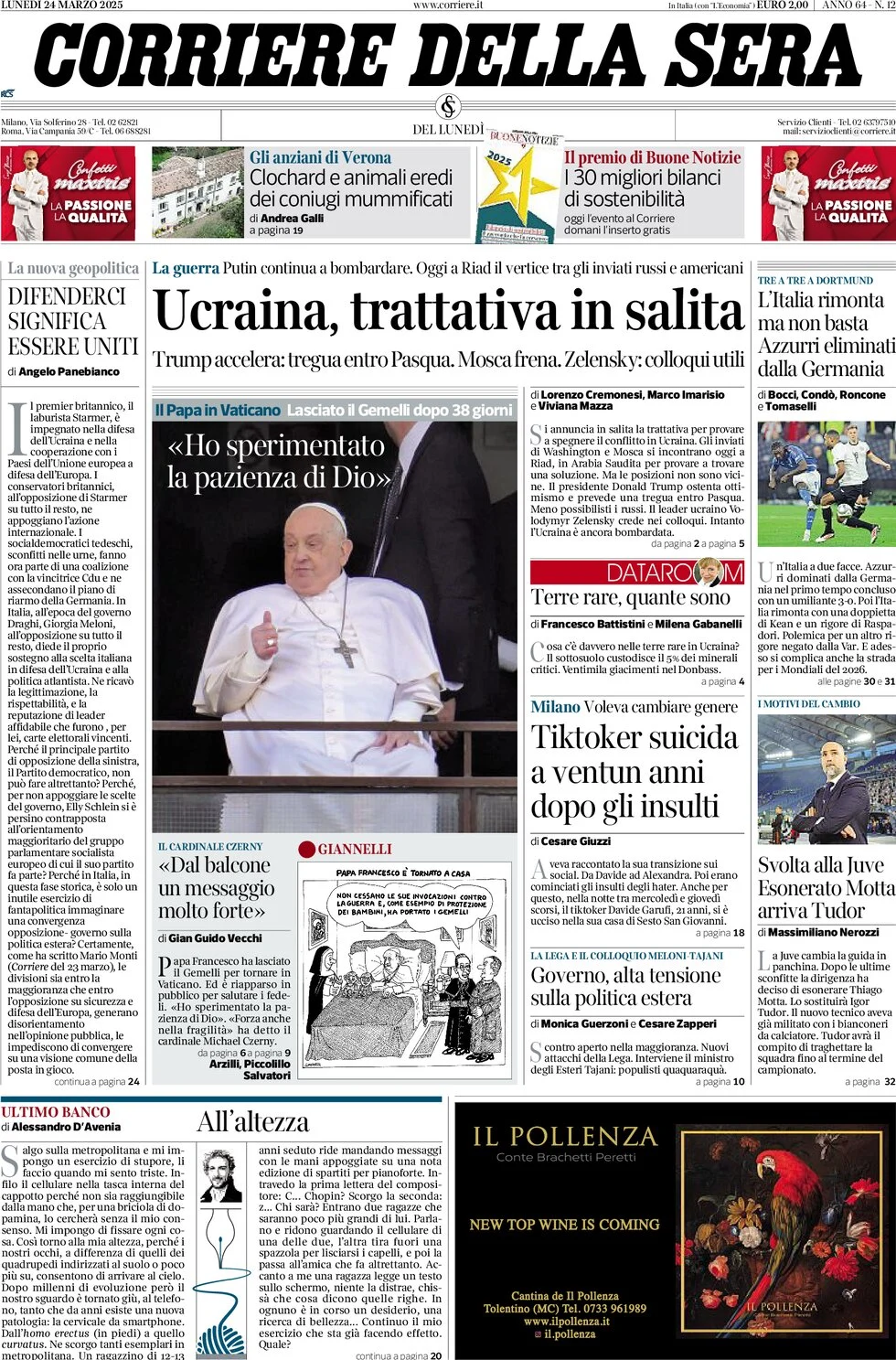 anteprima della prima pagina di corriere-della-sera del 24/03/2025
