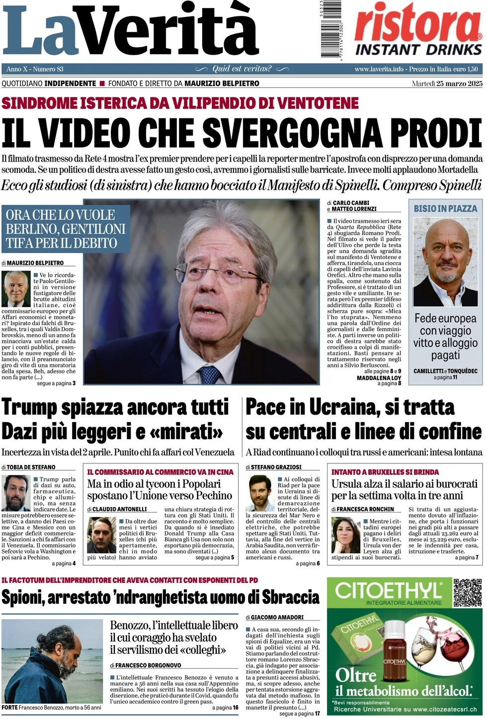 anteprima della prima pagina di la-verit del 25/03/2025