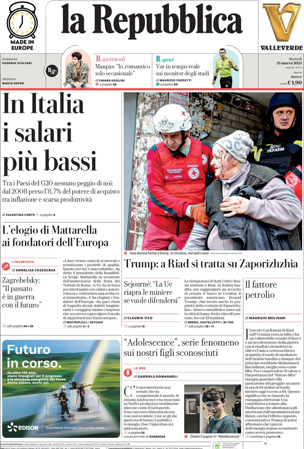 anteprima della prima pagina di la-repubblica del 25/03/2025