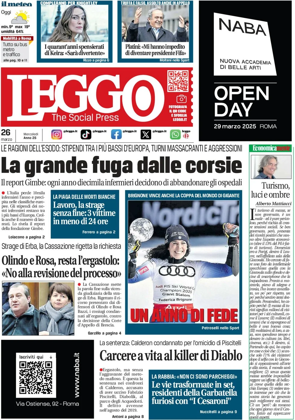 anteprima della prima pagina di leggo-roma del 26/03/2025