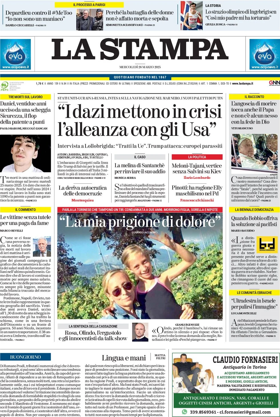 anteprima della prima pagina di la-stampa del 26/03/2025