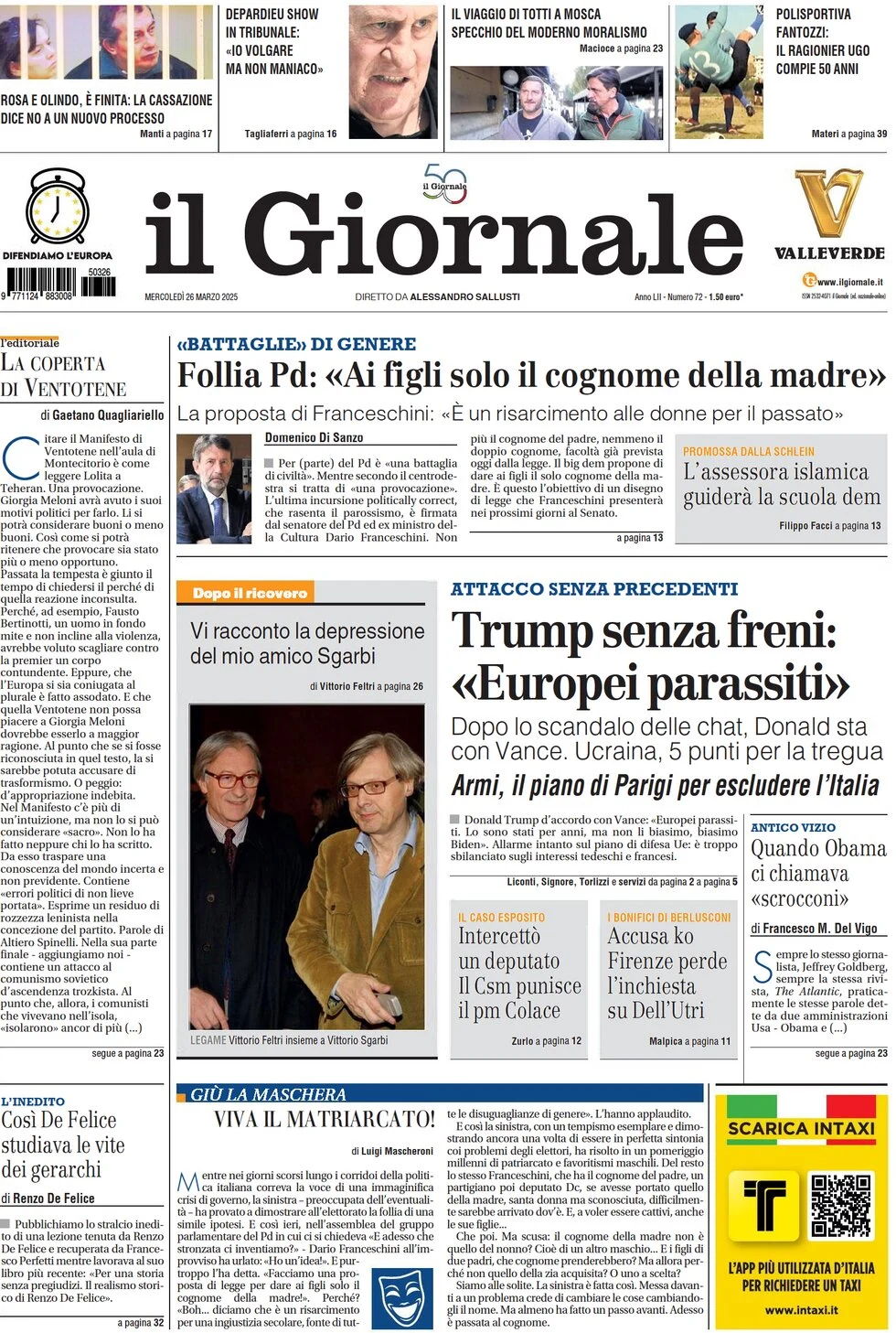 anteprima della prima pagina di il-giornale del 26/03/2025