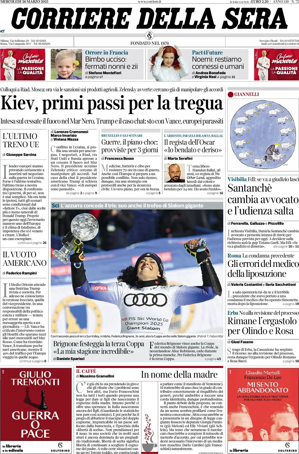 anteprima della prima pagina di corriere-della-sera del 26/03/2025