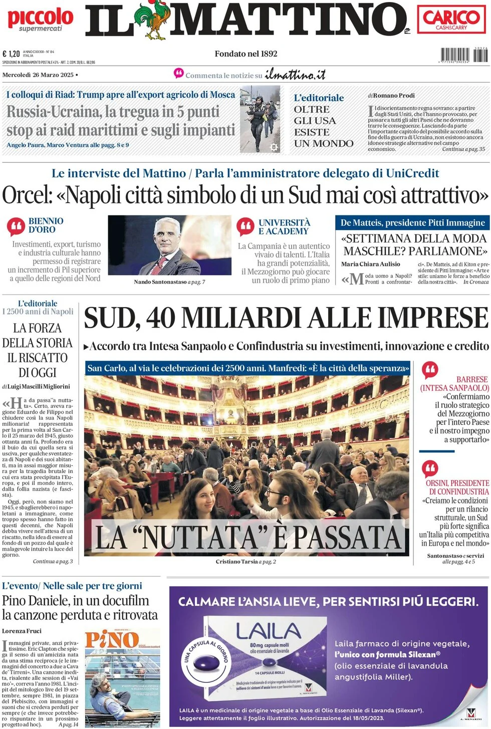 anteprima della prima pagina di il-mattino del 26/03/2025