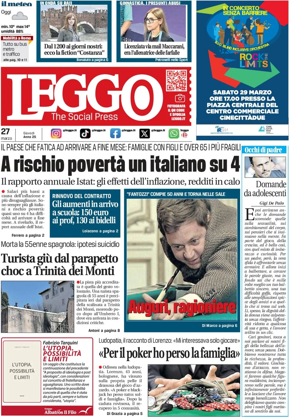 anteprima della prima pagina di leggo-roma del 27/03/2025