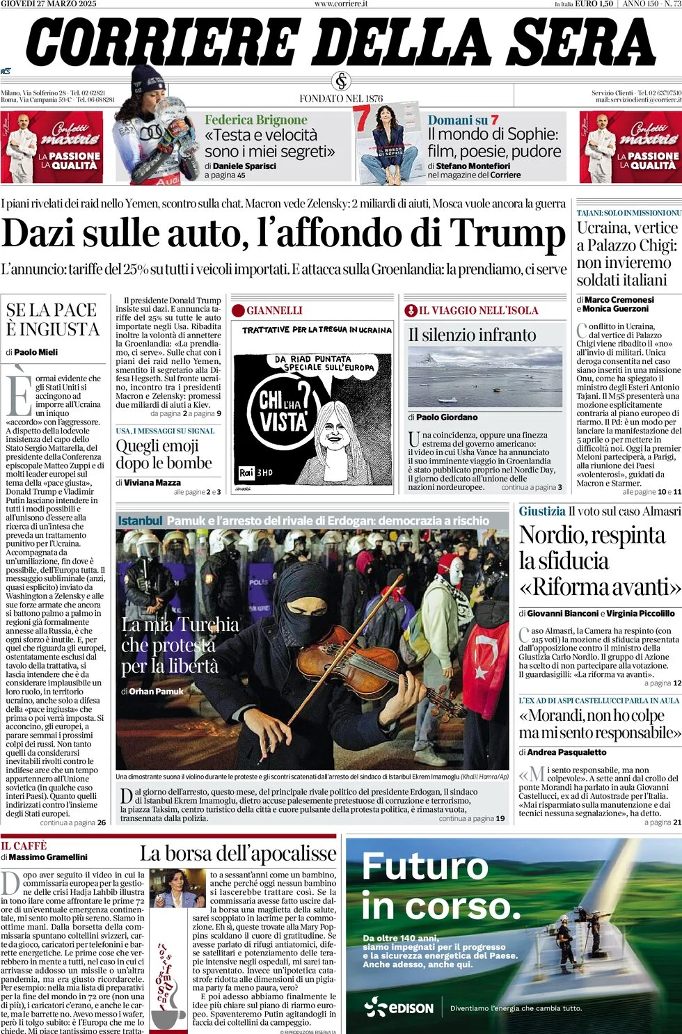 anteprima della prima pagina di corriere-della-sera del 27/03/2025
