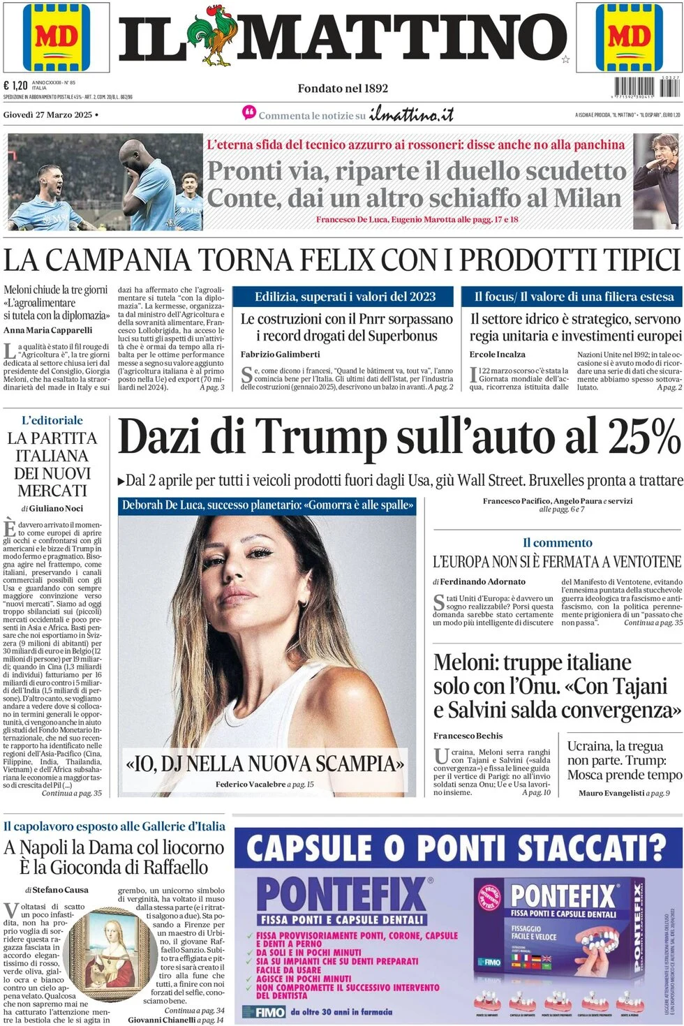 anteprima della prima pagina di il-mattino del 27/03/2025