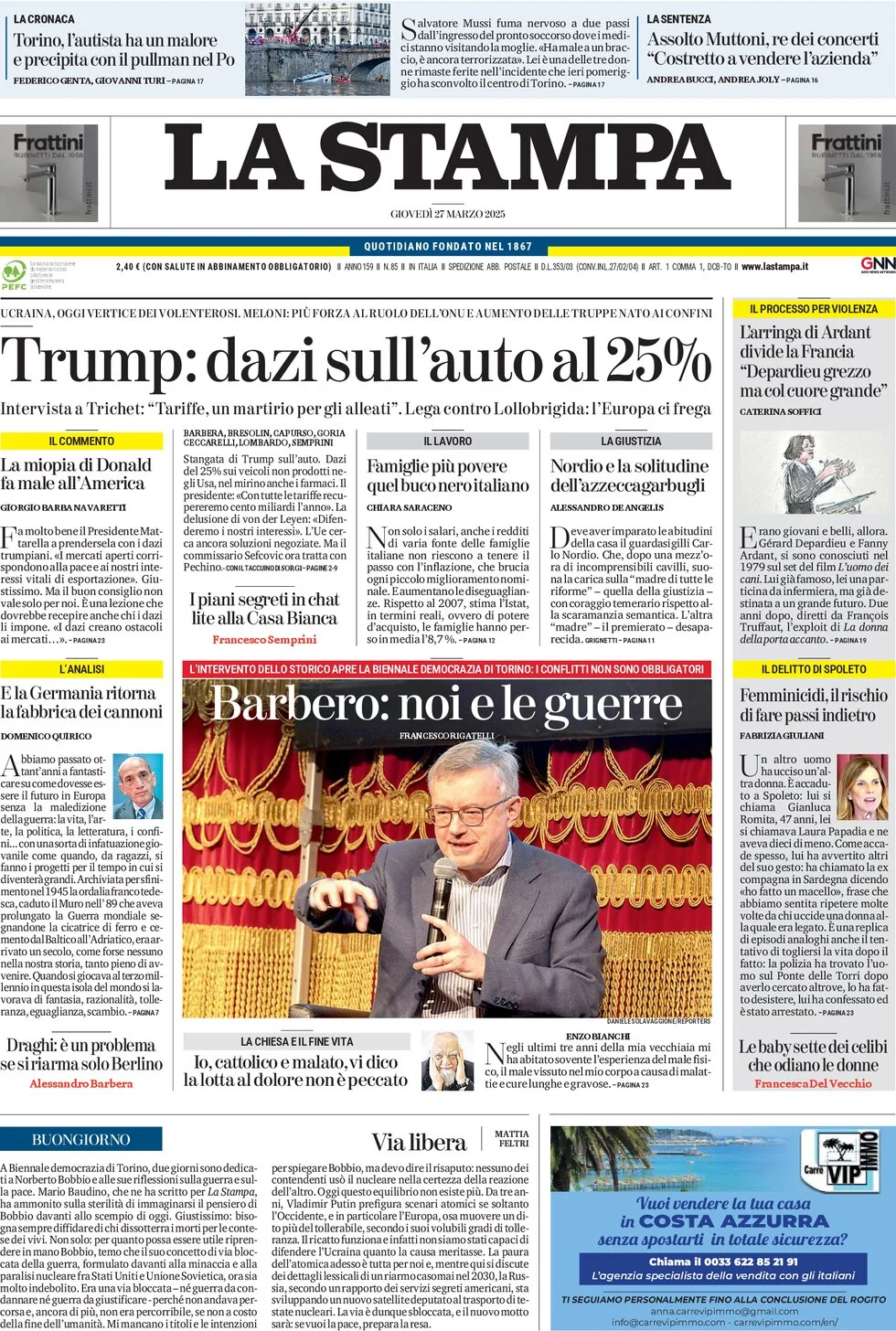anteprima della prima pagina di la-stampa del 27/03/2025
