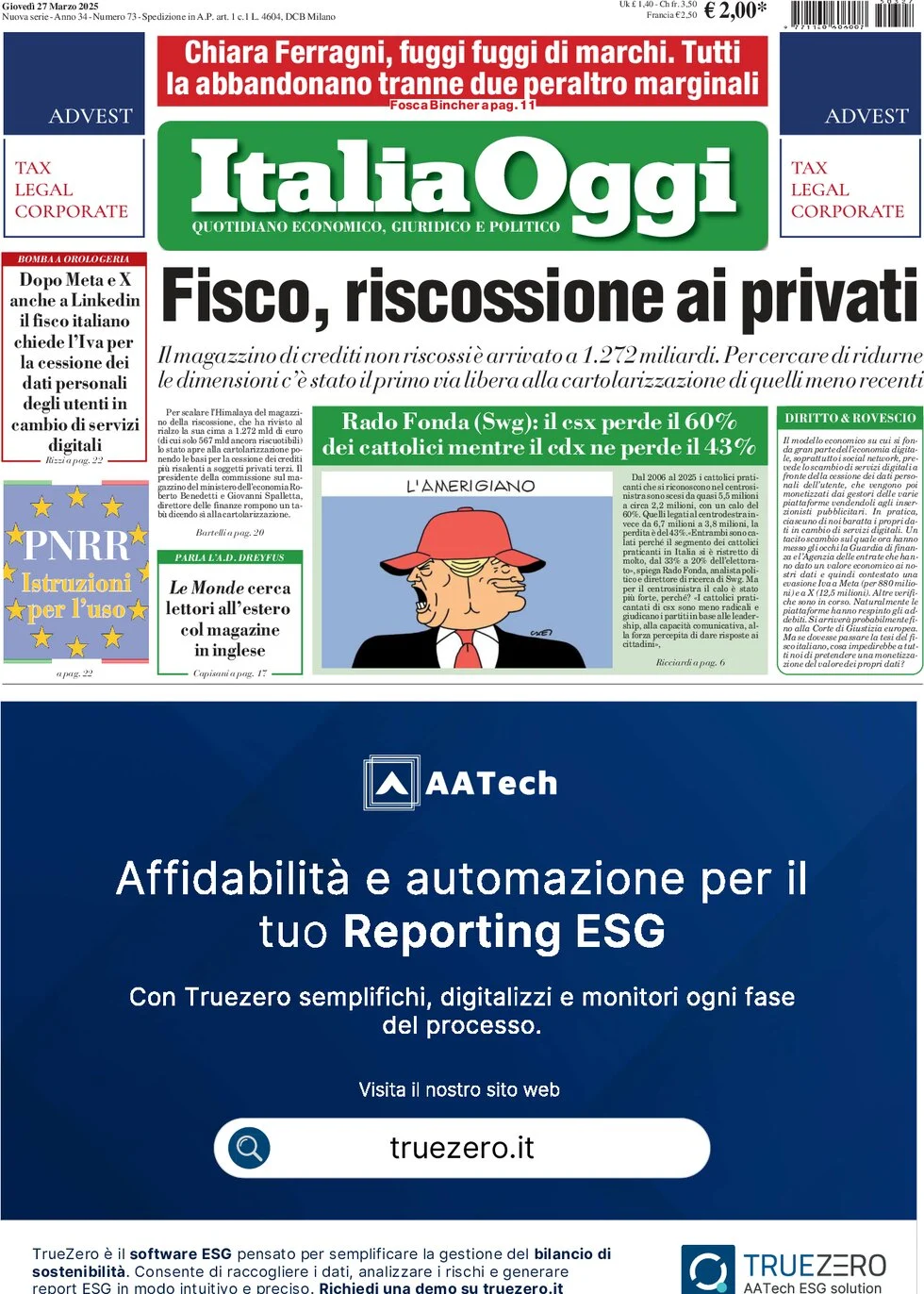 anteprima della prima pagina di italiaoggi del 27/03/2025