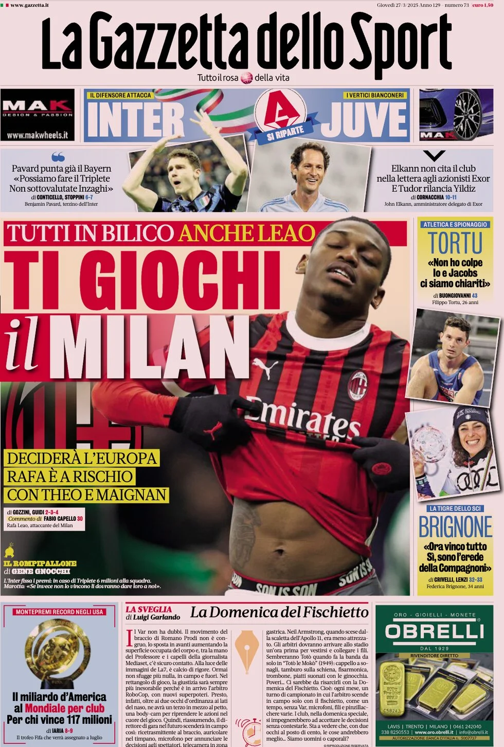 anteprima della prima pagina di la-gazzetta-dello-sport del 27/03/2025