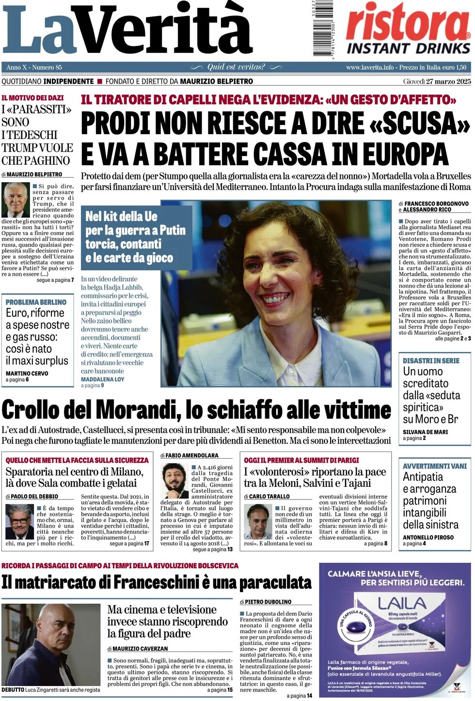 anteprima della prima pagina di la-verit del 27/03/2025