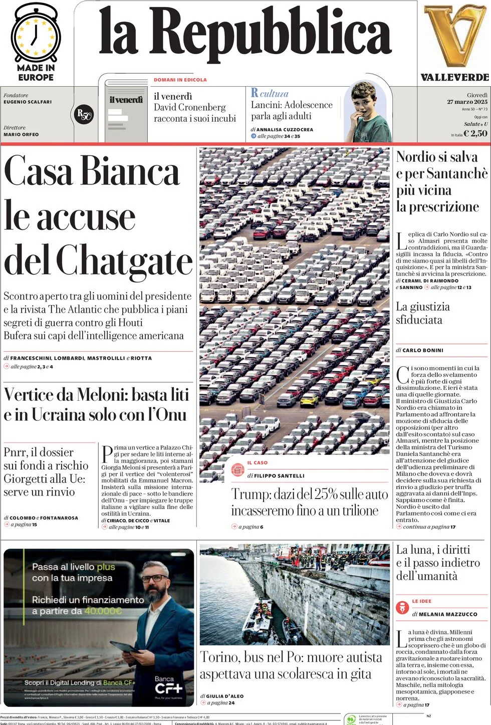 anteprima della prima pagina di la-repubblica del 27/03/2025