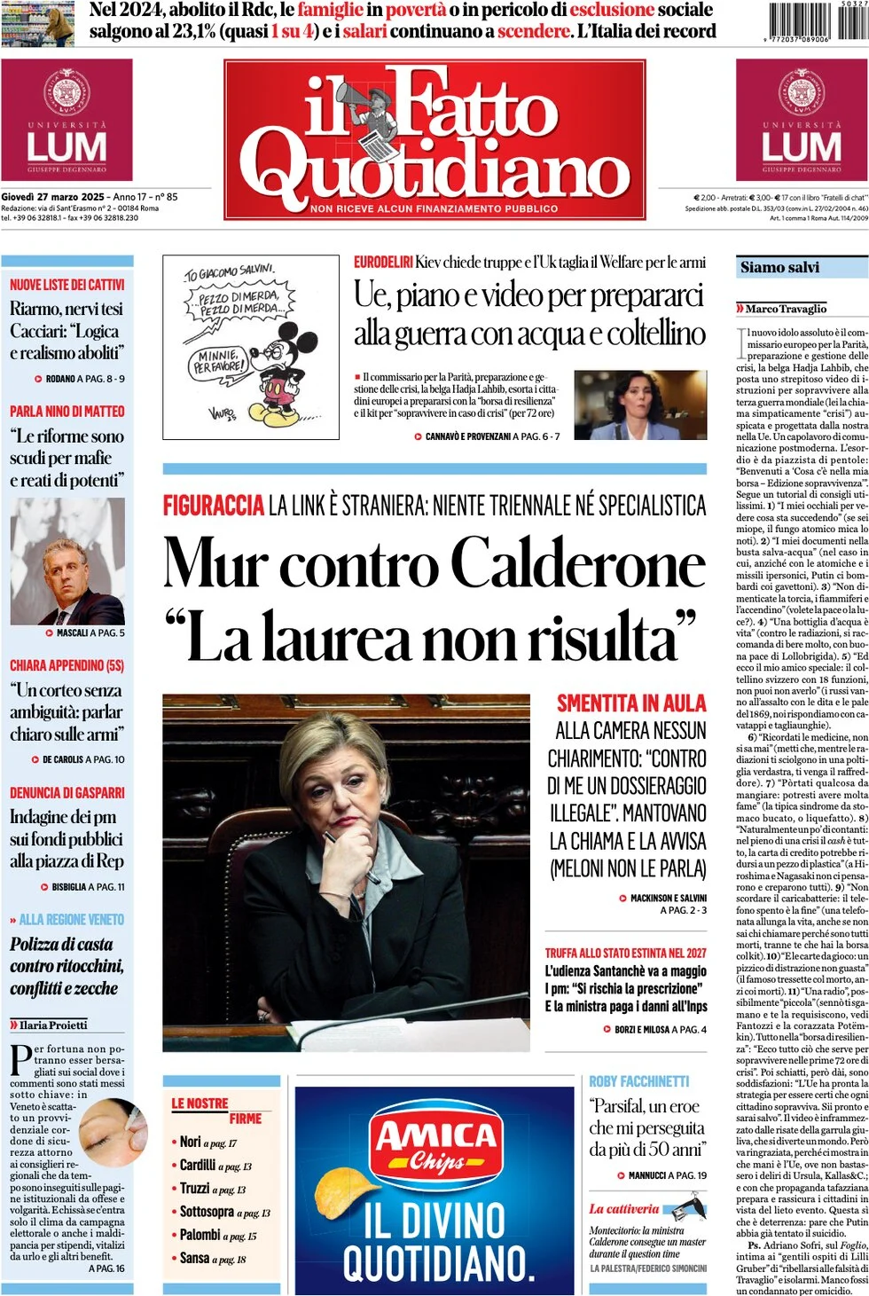 anteprima della prima pagina di il-fatto-quotidiano del 27/03/2025