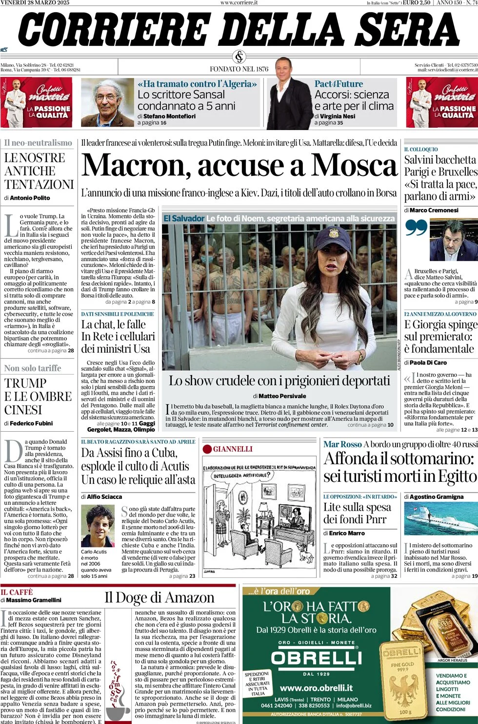 anteprima della prima pagina di corriere-della-sera del 28/03/2025