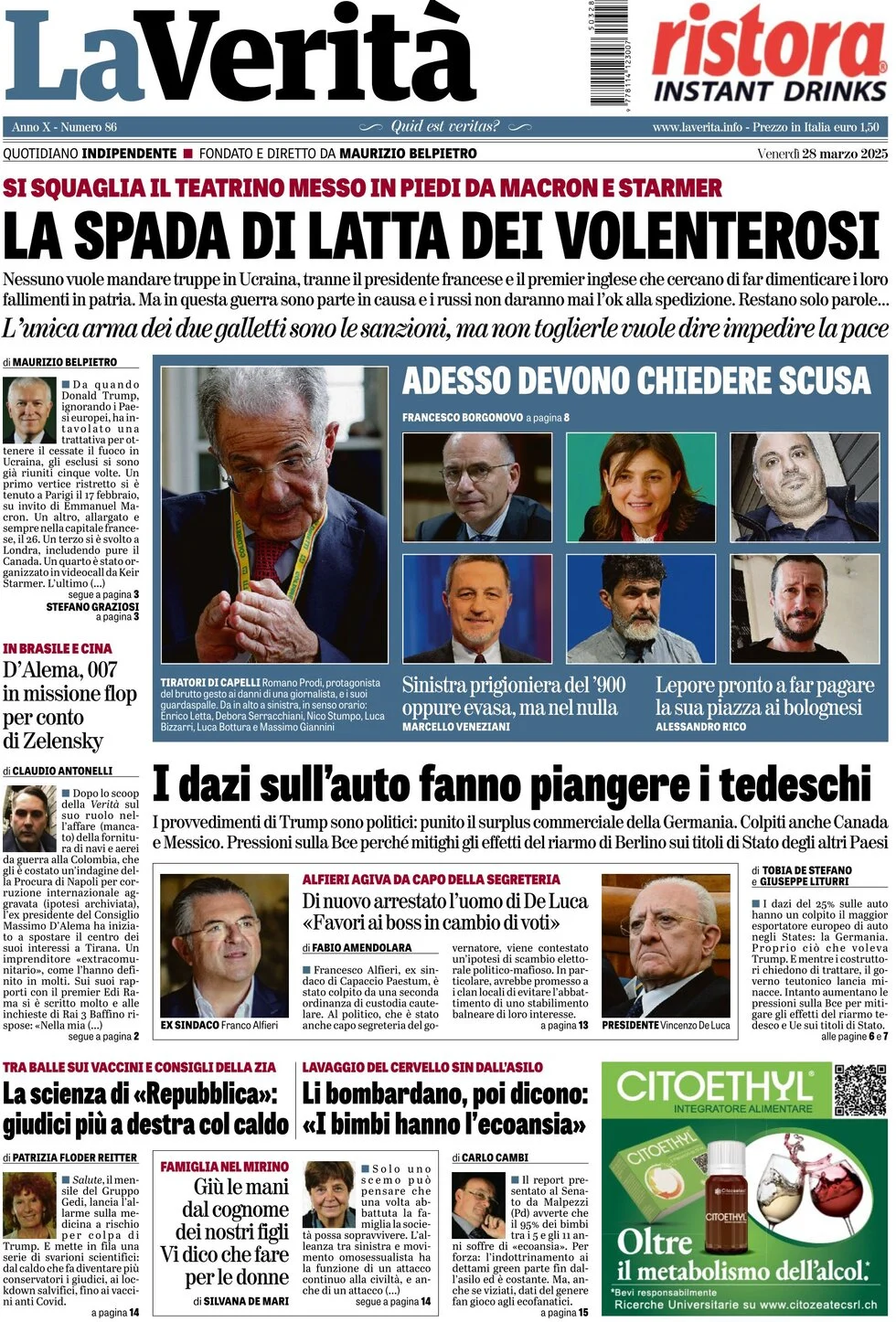 anteprima della prima pagina di la-verit del 28/03/2025