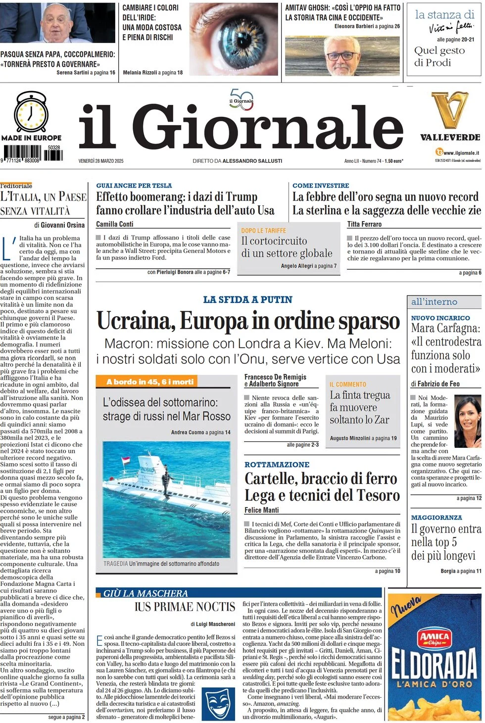 anteprima della prima pagina di il-giornale del 28/03/2025