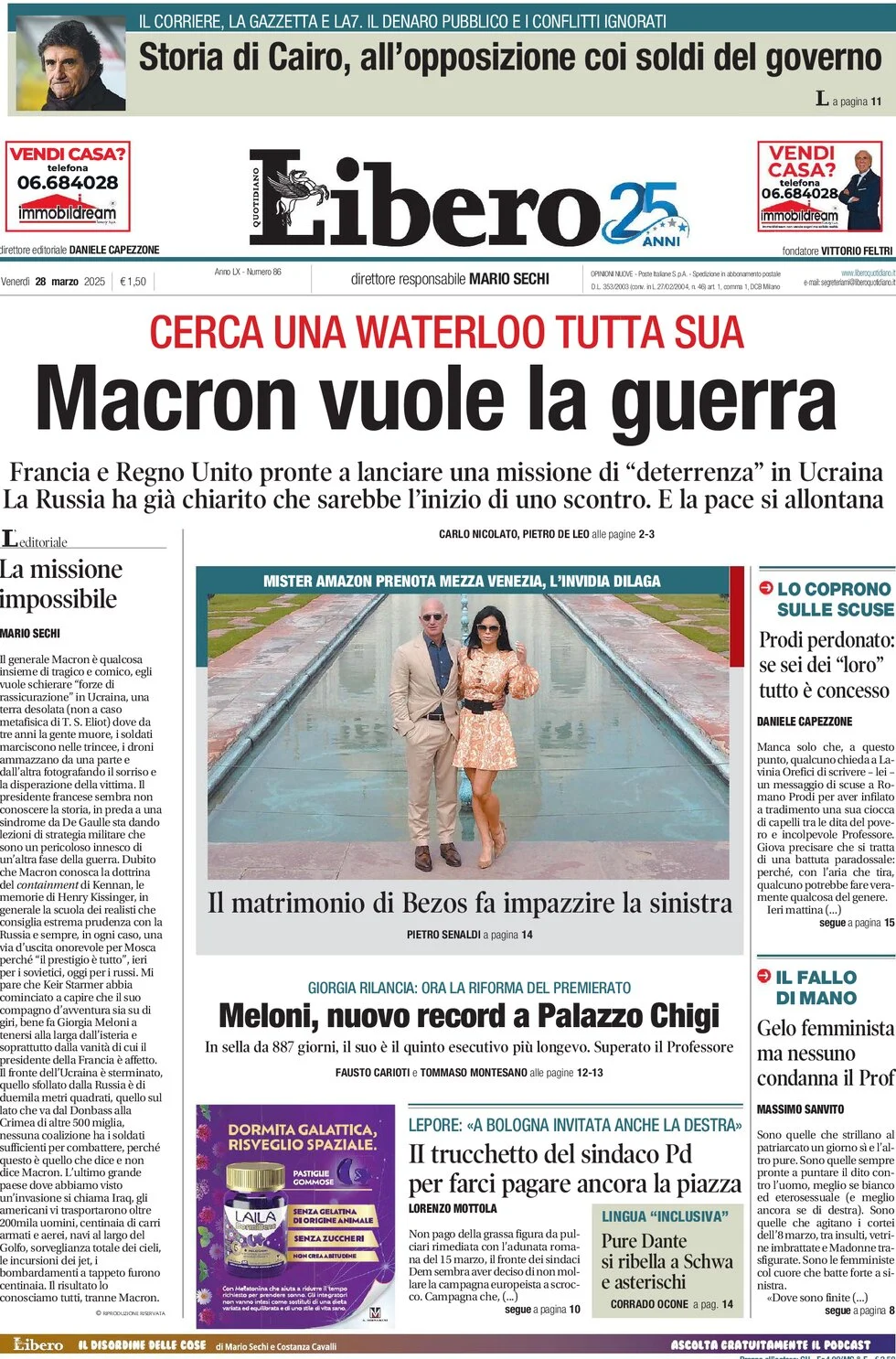 anteprima della prima pagina di libero-quotidiano del 28/03/2025