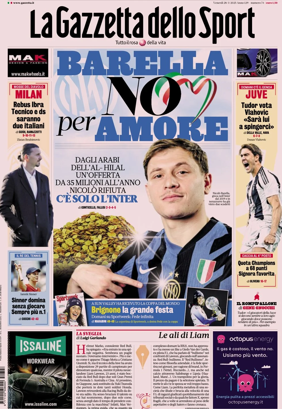 anteprima della prima pagina di la-gazzetta-dello-sport del 28/03/2025
