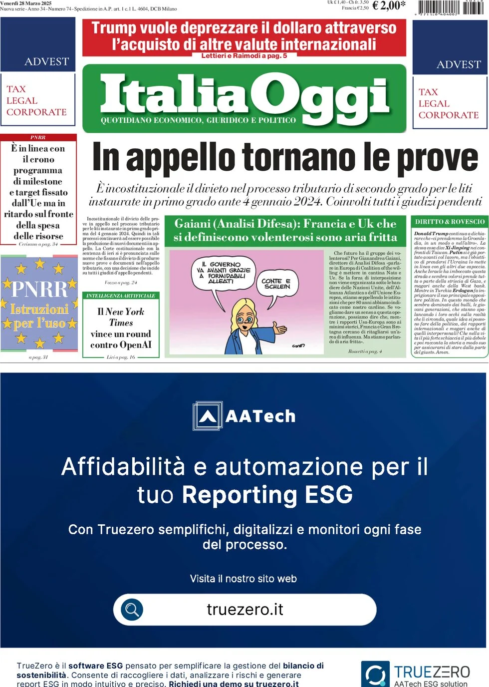 anteprima della prima pagina di italiaoggi del 28/03/2025