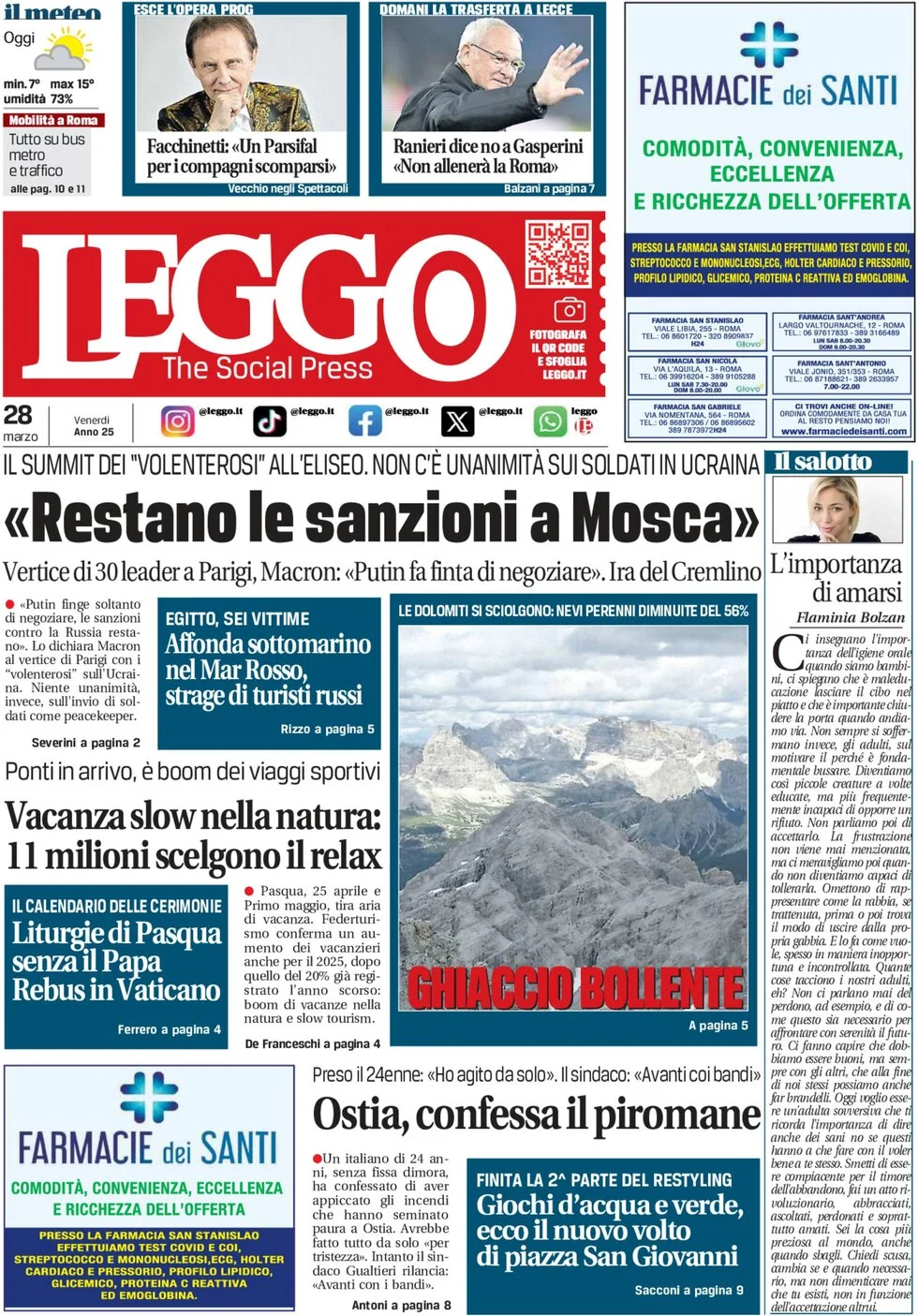 anteprima della prima pagina di leggo-roma del 28/03/2025