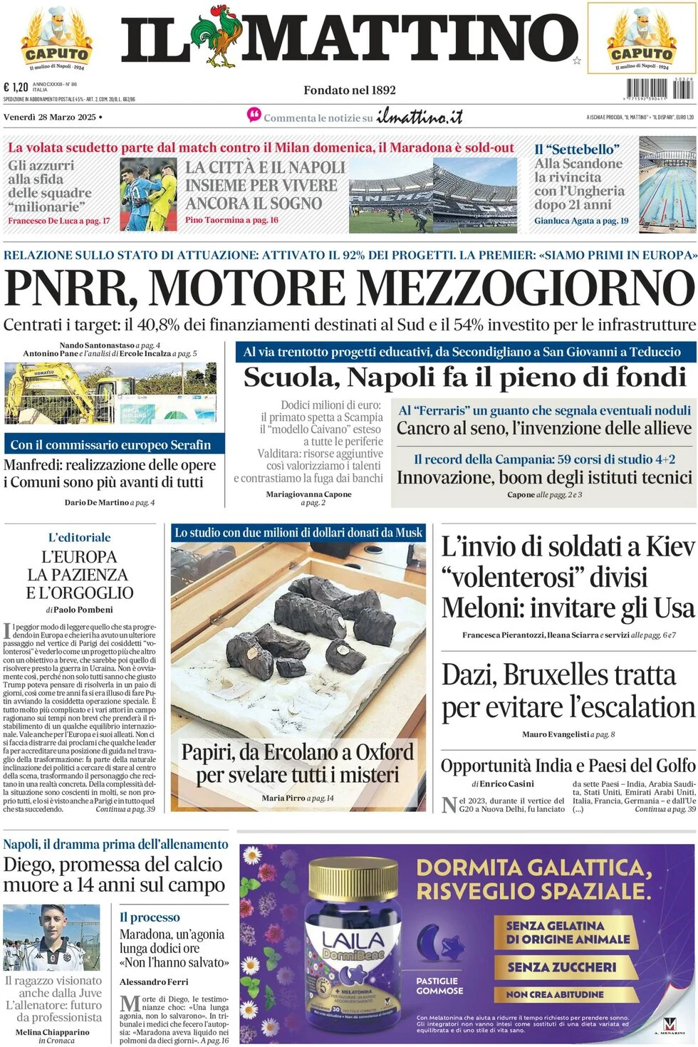 anteprima della prima pagina di il-mattino del 28/03/2025