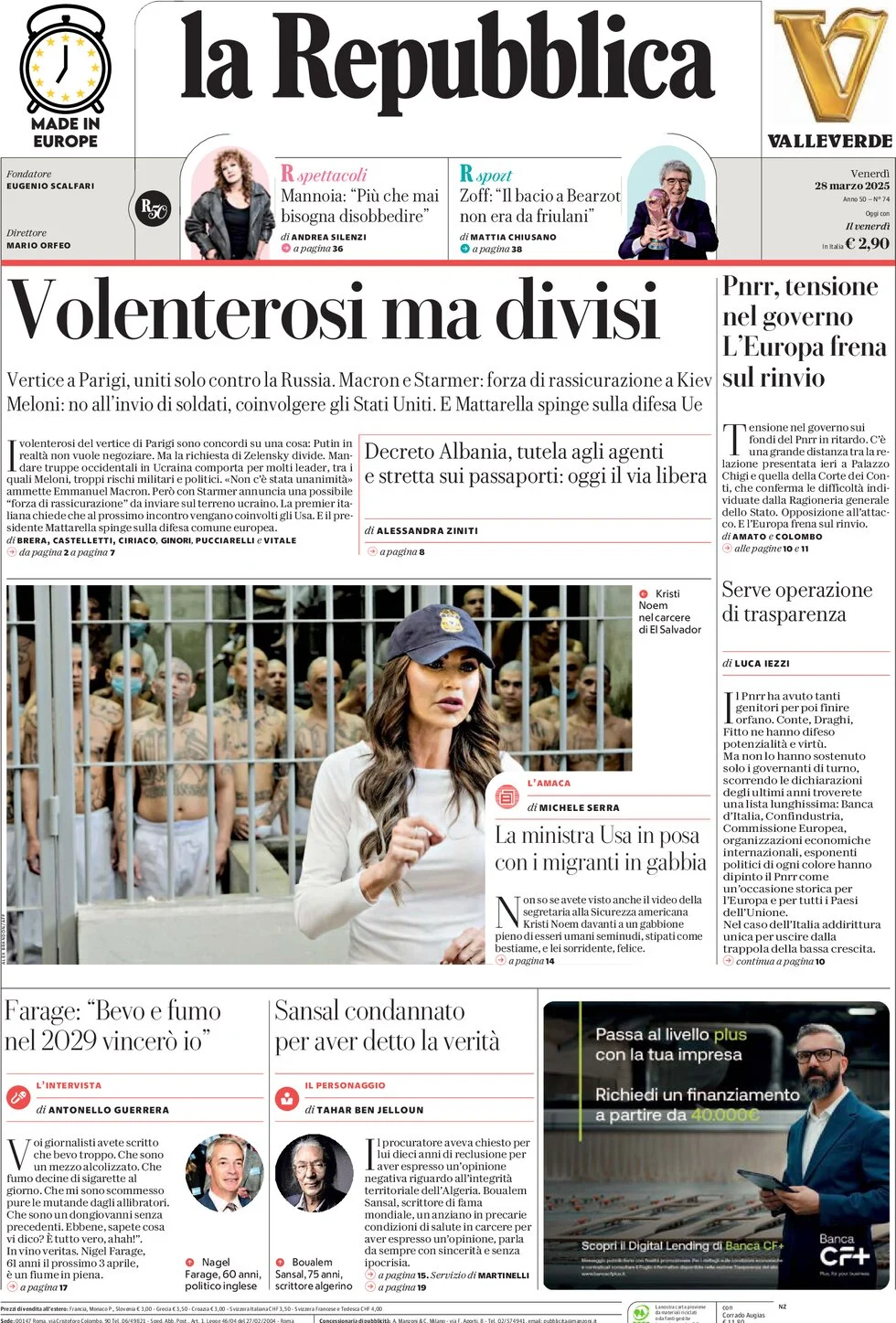 anteprima della prima pagina di la-repubblica del 28/03/2025